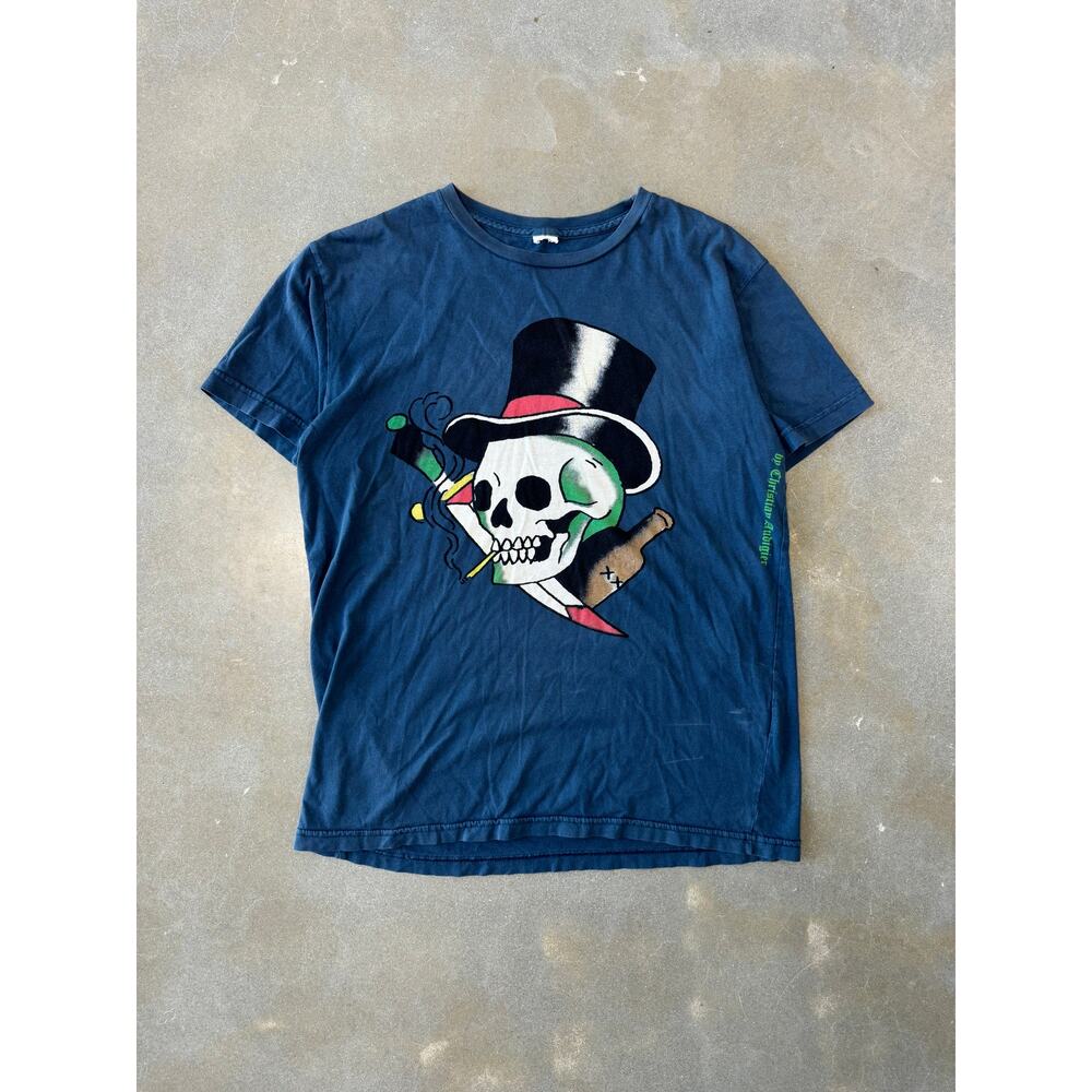 Vintage 2000s Ed Hardy by Christian Audigier Smoking Skull Knife Tattoo T-Shirt